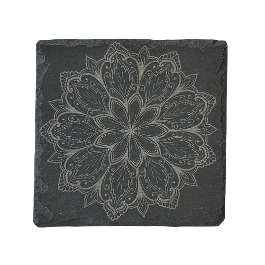 Schiefer Untersetzer - Tassenuntersetzer 10x10 cm grau  –  Mandala Motiv