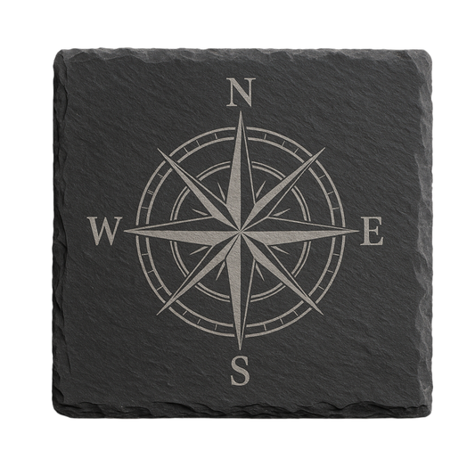 Schiefer Untersetzer Set – 8 Stück Glas- & Tassenuntersetzer 10x10 cm grau mit Holzbox – Kompass Motiv