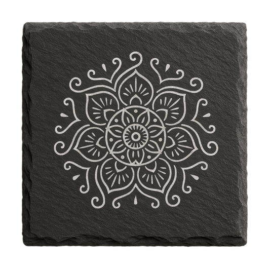 Schiefer Untersetzer Set mit Muster-Motiv – 8 Stück Glas- & Tassenuntersetzer 10x10 cm grau mit Holzbox