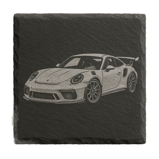 Schiefer Untersetzer Set – 8 Stück Glas- & Tassenuntersetzer 10x10 cm grau mit Holzbox – Sportwagen Motiv