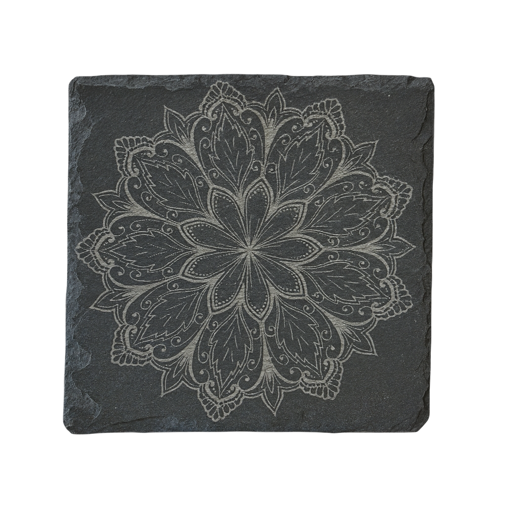 Schiefer Untersetzer - Tassenuntersetzer 10x10 cm grau  –  Mandala Motiv